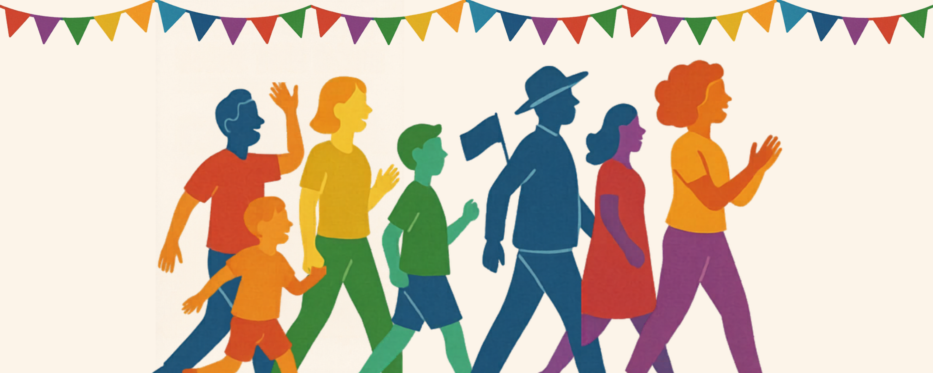 cartoon people walking under colourful bunting